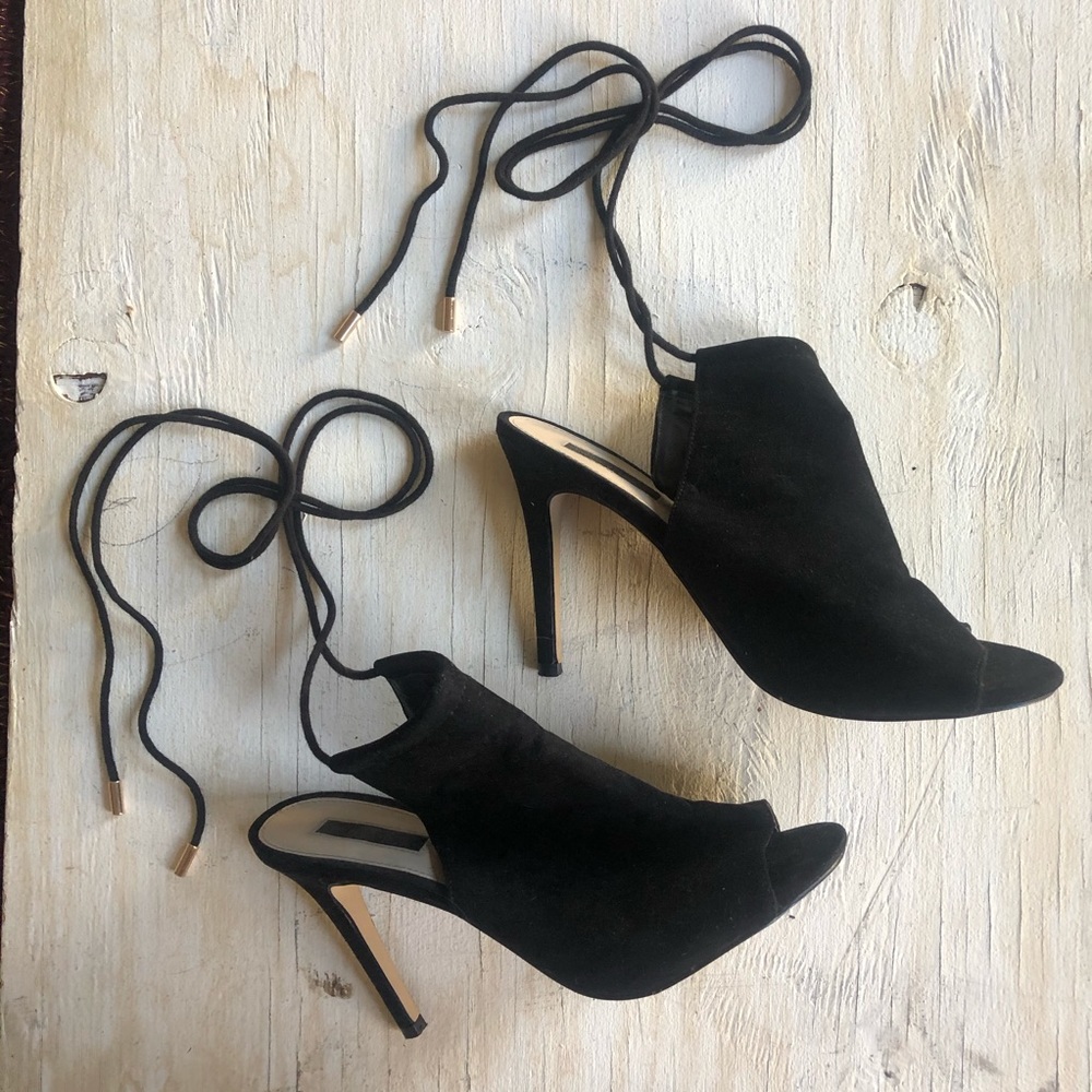 Black suede ankle tie heels